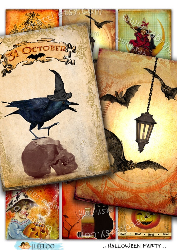HALLOWEEN PARTY printable aceo size Digital collage sheet black cat owl skull crow witch instant download background vintage ac154