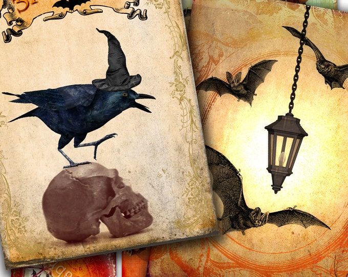 HALLOWEEN PARTY printable aceo size Digital collage sheet black cat owl skull crow witch instant download background vintage ac154