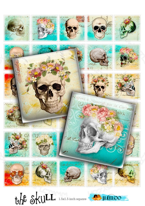 Digital printable THE SKULL 1.5 inch square for goth scary dia de los muertos pendant craft instant download Digital collage sheet qu359