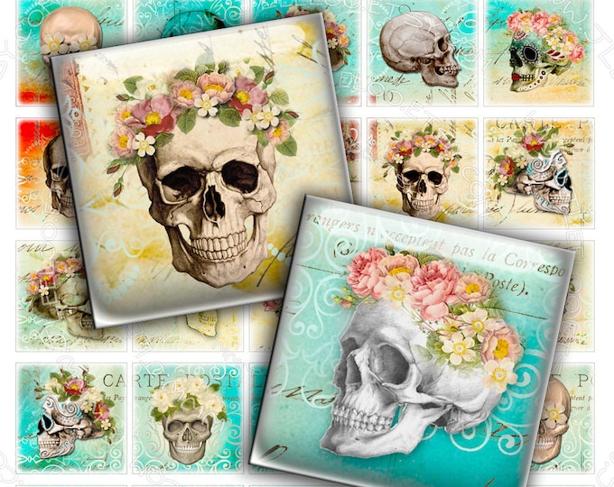 Digital printable THE SKULL 1.5 inch square for goth scary dia de los muertos pendant craft instant download Digital collage sheet qu359
