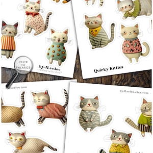 Op de afbeelding: Vellen stickers met grillige kattenillustraties. De katten worden afgebeeld in verschillende poses en outfits, waaronder gestreepte shirts, stippen en strikjes. De tekst "Quirky Kitties" is zichtbaar, samen met de website van de maker.