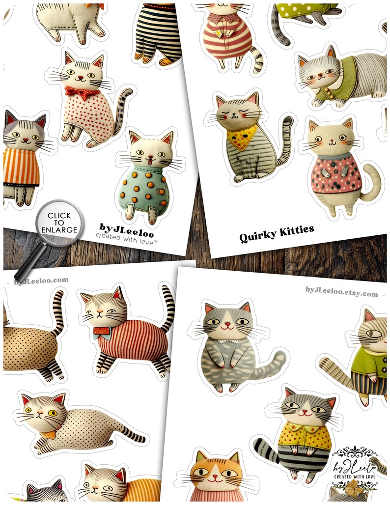 Op de afbeelding: Vellen stickers met grillige kattenillustraties. De katten worden afgebeeld in verschillende poses en outfits, waaronder gestreepte shirts, stippen en strikjes. De tekst "Quirky Kitties" is zichtbaar, samen met de website van de maker.