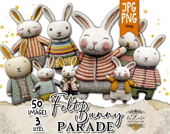 FELT BUNNY Parade – Printable Bunny Clipart PNG, Felt Fabric Characters for Junk Journal, Scrapbooking & Paper Crafts | cl212