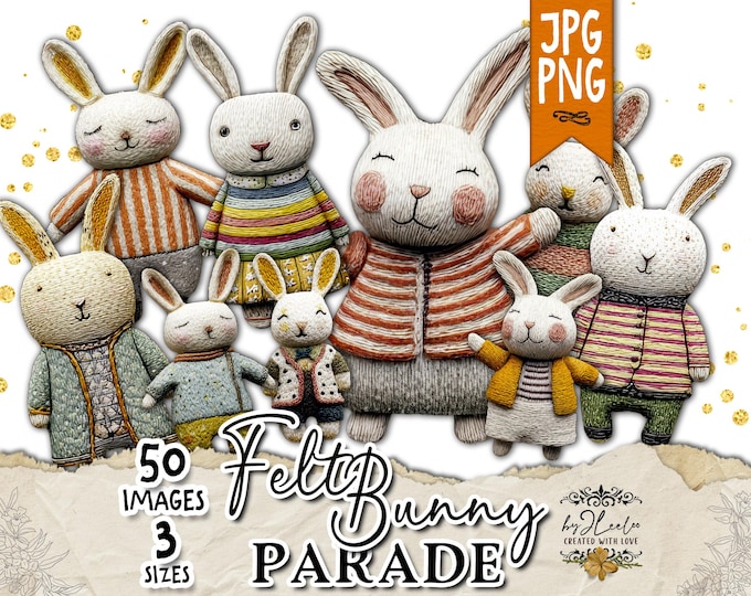 FELT BUNNY Parade – Printable Bunny Clipart PNG, Felt Fabric Characters for Junk Journal, Scrapbooking & Paper Crafts | cl212