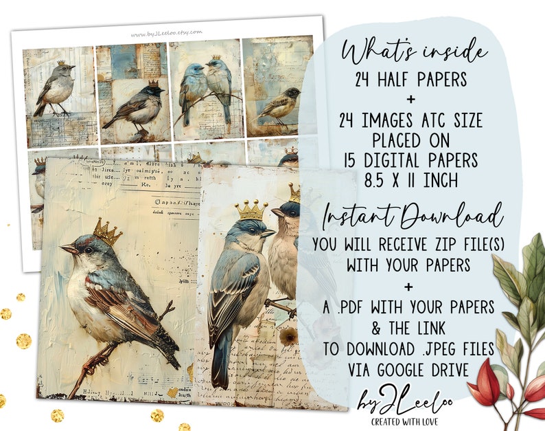 CROWNED BIRDS junk journal printable half pages tag Mixed Media supplies Birds hand-drawn vintage card making collage art diary pp747 image 2