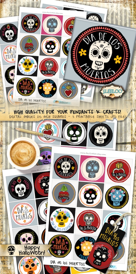 DIA De LOS MUERTOS 2.5 inch square scary halloween topper cupcake magnet stickers craft downloadable printable digital collage sheet tn490