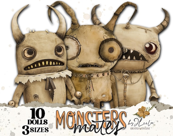 MONSTER MATES 10 Halloween dolls 3 sizes | Scary cute voodoo paper doll whimsical | Journal page scrapbook printable Commercial Use | pp845
