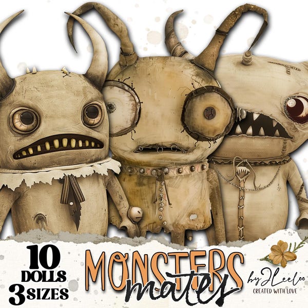 MONSTER MATES 10 Halloween dolls 3 sizes | Scary cute voodoo paper doll whimsical | Journal page scrapbook printable Commercial Use | pp845