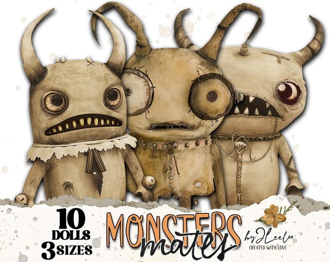 MONSTER MATES 10 Halloween dolls 3 sizes | Scary cute voodoo paper doll whimsical | Journal page scrapbook printable Commercial Use | pp845