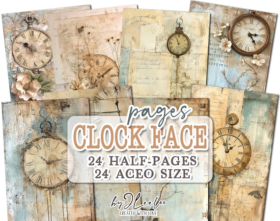 CLOCK FACE PAGES half pages printable | junk journal Mixed Media supplies | Distressed grunge dirty paper card making collage diary | pp711