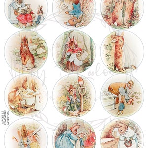 Puede incluir: Un conjunto de 12 pegatinas redondas de papel blanco con ilustraciones de Peter Rabbit y otros personajes de los libros infantiles de Beatrix Potter. Las pegatinas tienen un di&aacute;metro de 5,7 cm y son compatibles con las etiquetas Avery 5294.