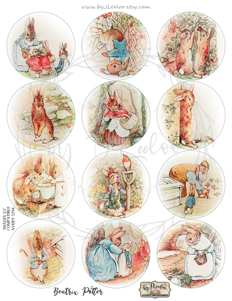 Puede incluir: Un conjunto de 12 pegatinas redondas de papel blanco con ilustraciones de Peter Rabbit y otros personajes de los libros infantiles de Beatrix Potter. Las pegatinas tienen un di&aacute;metro de 5,7 cm y son compatibles con las etiquetas Avery 5294.