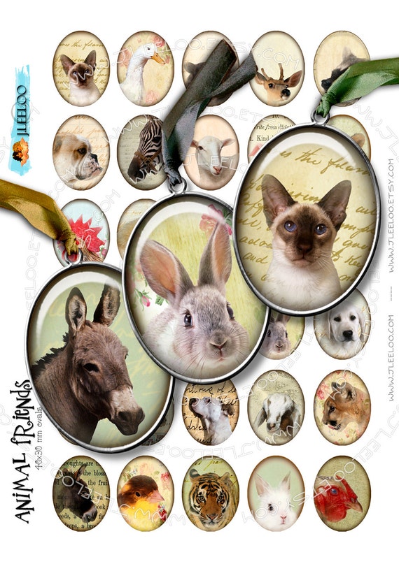 Digital collage ANIMAL FRIENDS oval printable 30x40 mm pet puppy rabbit dog cat for pendants digital collage instant download paper ov118