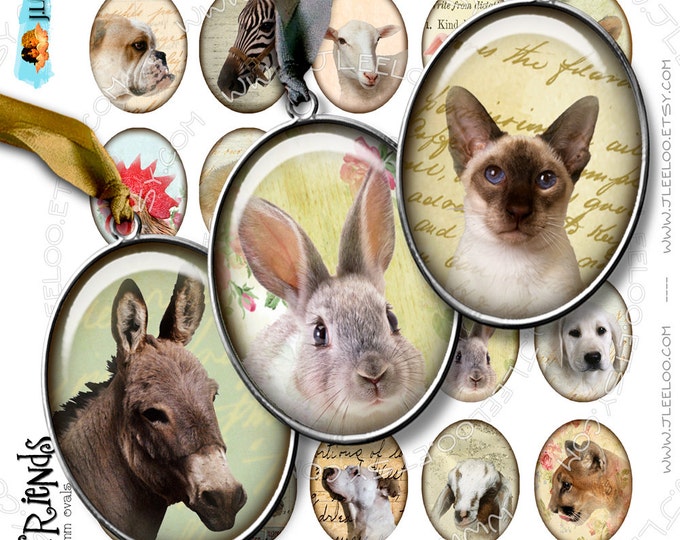 Digital collage ANIMAL FRIENDS oval printable 30x40 mm pet puppy rabbit dog cat for pendants digital collage instant download paper ov118