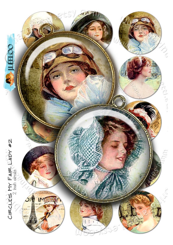 Digital collage sheet CIRCLES My FAIR LADY #2 2 inch circle woman victorian france for pendant magnet instant download printable tn241
