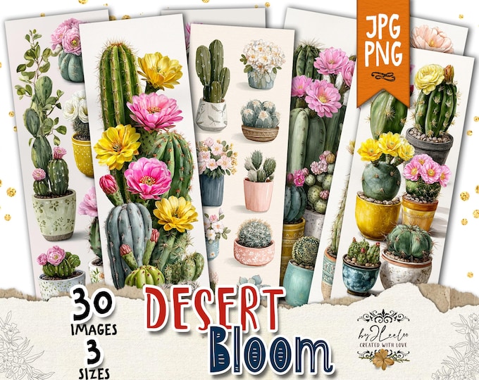 DESERT BLOOM – 3 sizes PNG Jpeg bookmark 6x2 | Nature Cacti Card making supplies | Digital label tag printable junk journal | bm132