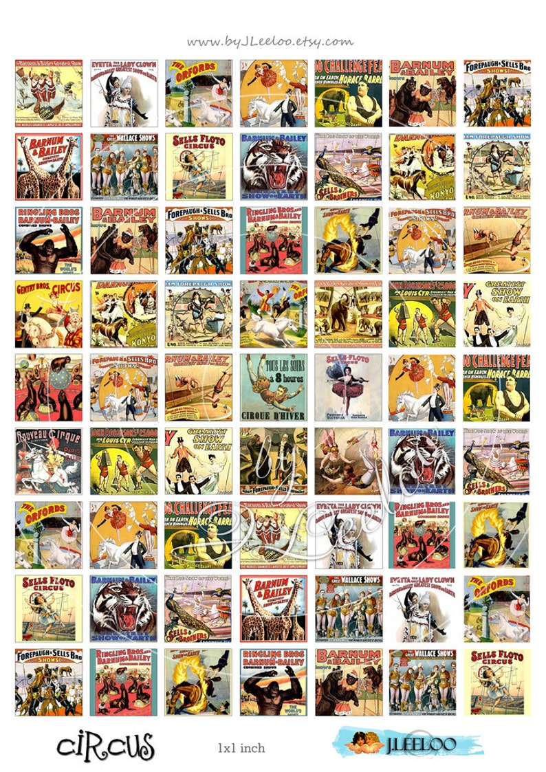 Digital collage sheet CIRCUS images 1x1 inch square for pendants charms bottlecup magnets pins hang tags craft instant download tn446