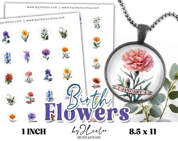 BIRTH FLOWERS 1 inch printable circle | Birth Month Flower round pendants cabochon necklace sticker | Fussy cut digital download | tn815