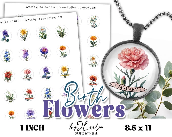 BIRTH FLOWERS 1 inch printable circle | Birth Month Flower round pendants cabochon necklace sticker | Fussy cut digital download | tn815