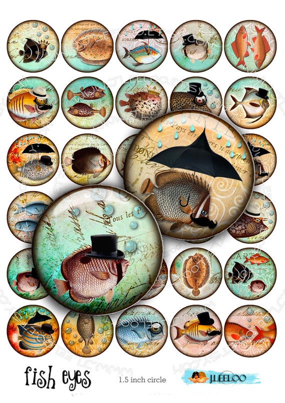 Digital collage sheet FISH EYES images 1.5 inch circle steampunk pendants charms bottlecup pins hang tags craft instant download tn315