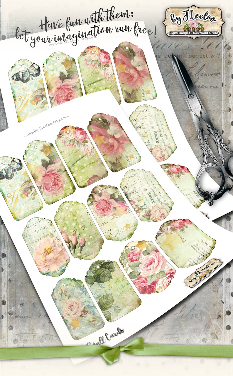 SMALL TAGS Digital French Shabby Chic Roses Paper Goods for | Etsy