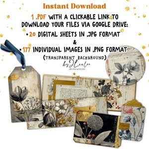 May include: Digital download featuring vintage-style floral designs. Includes a tag with a blue ribbon, various cards, and a circular design. The text reads "Instant Download" and details about the files available.