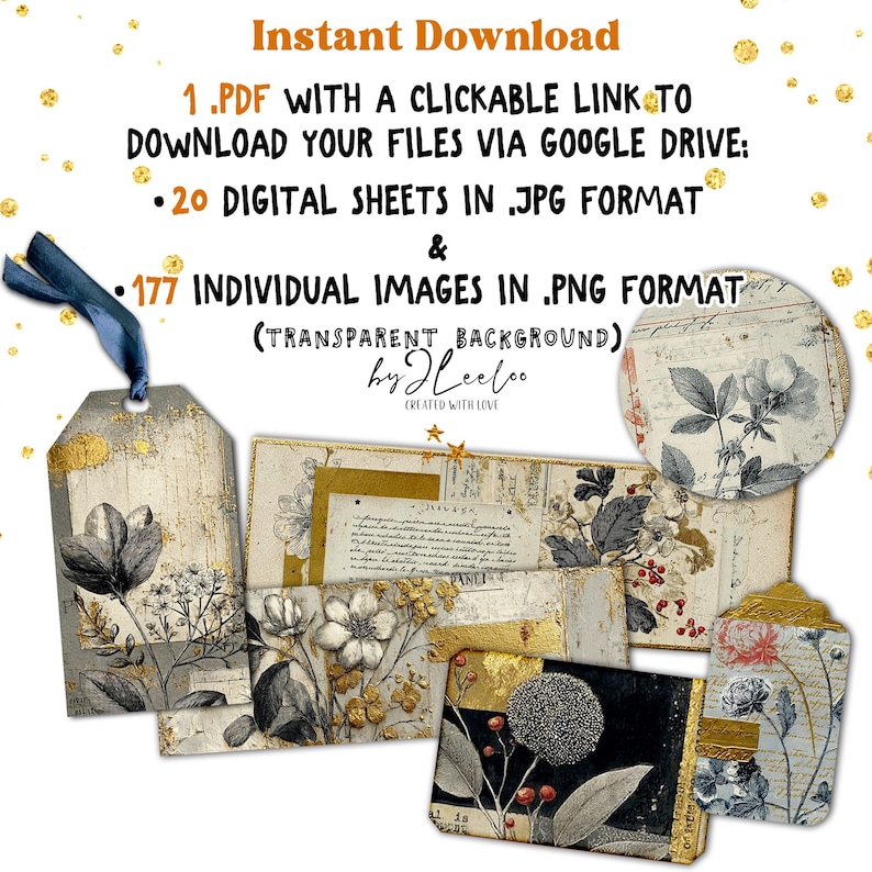 May include: Digital download featuring vintage-style floral designs. Includes a tag with a blue ribbon, various cards, and a circular design. The text reads "Instant Download" and details about the files available.