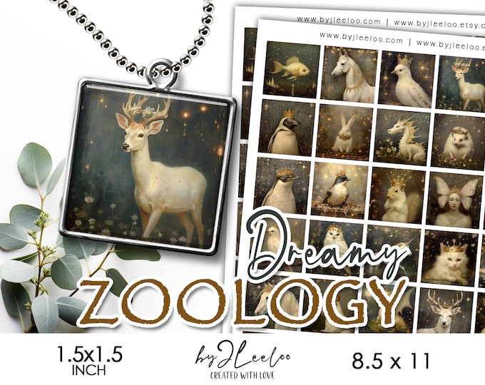 DREAMY ZOOLOGY 1.5x1.5 inch printable illustration | Fantastic Creatures supplies pendants, charm, sticker, card, magnet, journal | qu569
