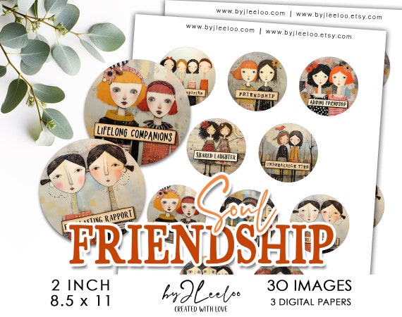 SOUL FRIENDSHIP 2 inch printable folk art | supplies circle pendant magnet sticker glass charm cameo | Gift for girls lovers friend | tn748