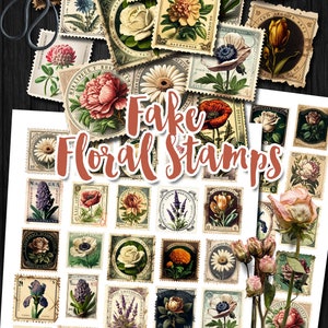 K&ouml;nnte beinhalten: Sechzig florale Briefmarken im Vintage-Stil mit verschiedenen Blumen, darunter Rosen, G&auml;nsebl&uuml;mchen und Mohnblumen. Die Briefmarken sind in einem Raster auf wei&szlig;em Hintergrund angeordnet. Der Text "Fake Floral Stamps" ist in gro&szlig;er, fetter Schrift in der Mitte des Bildes geschrieben. Der Text "by JLeeLoo Design" ist in kleinerer Schrift am unteren Rand des Bildes geschrieben.