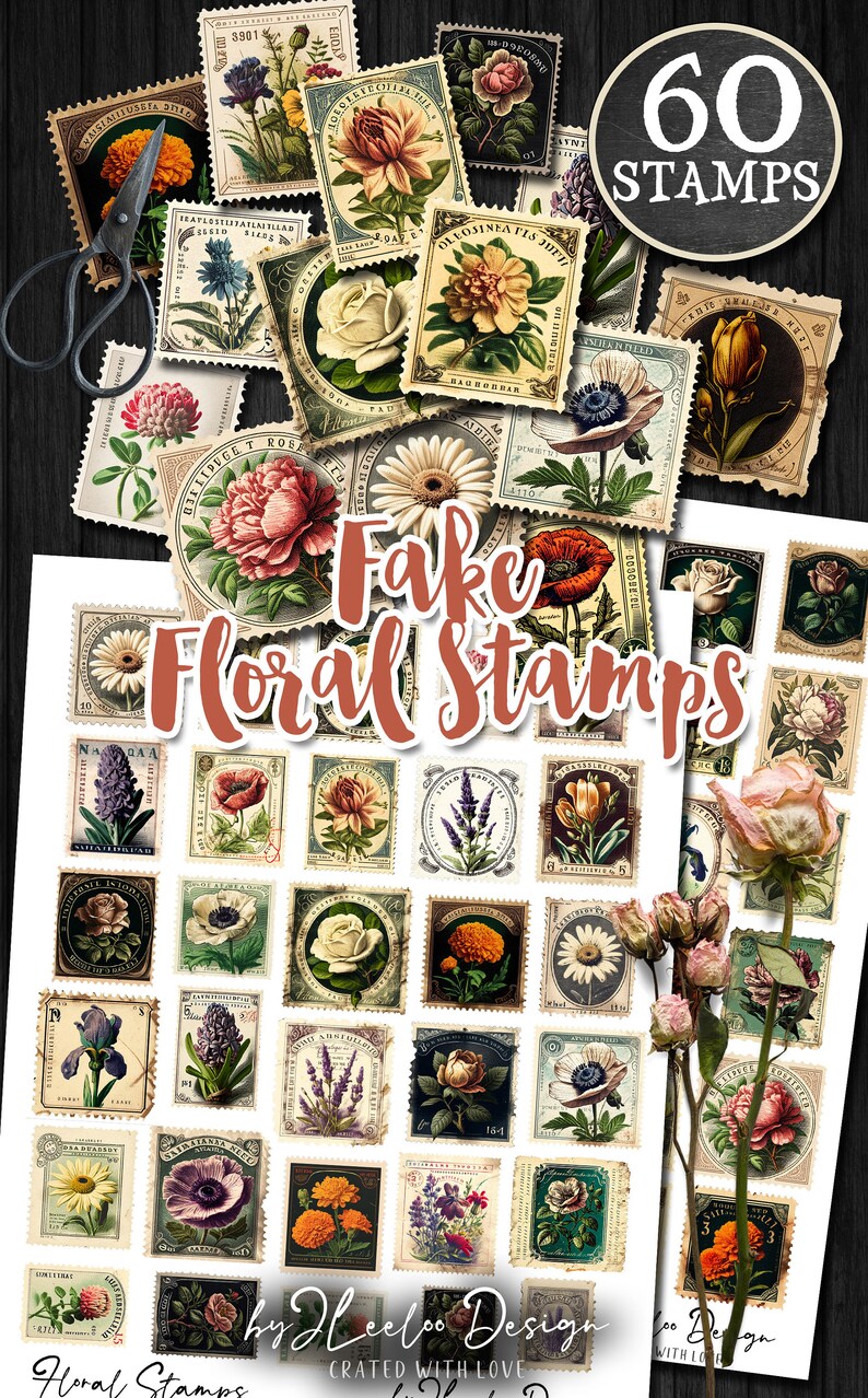 Fake FLORAL STAMPS Postage Png Printable Junk Journal Flower Etsy