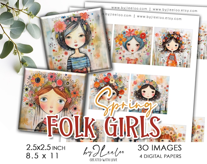 SPRING FOLK girls 2.5 inch square printable craft supplies pendant | Magnets bezel trays glass cabochon mountings cameo bottle caps | qu559