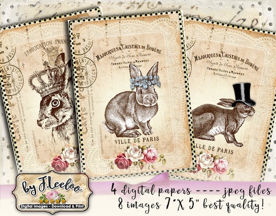 RABBIT POSTCARD  printable Easter bunny 5x7 inch digital sheet ephemera vintage scrapbook instant download pp448