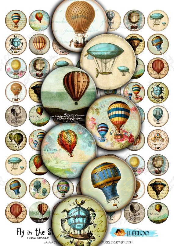 Digital collages FLY in the SKY 1 inch circle hot air balloon montgolfier for pendant magnet craft instant download printable paper tn212