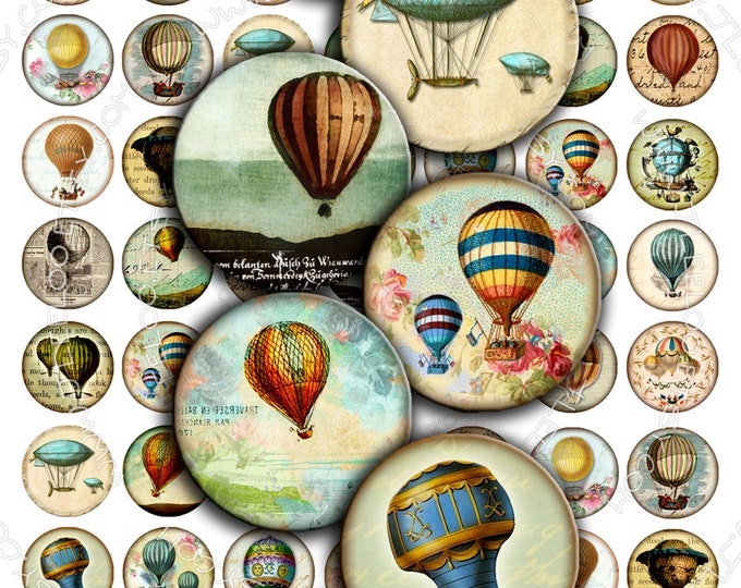 Digital collages FLY in the SKY 1 inch circle hot air balloon montgolfier for pendant magnet craft instant download printable paper tn212