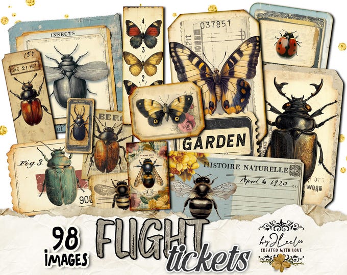 FLIGHT TICKETS 98 Entomology tags printable | Labels Vintage Stickers Nature Junk journal | scrapbooking collection Garden victorian | tl320