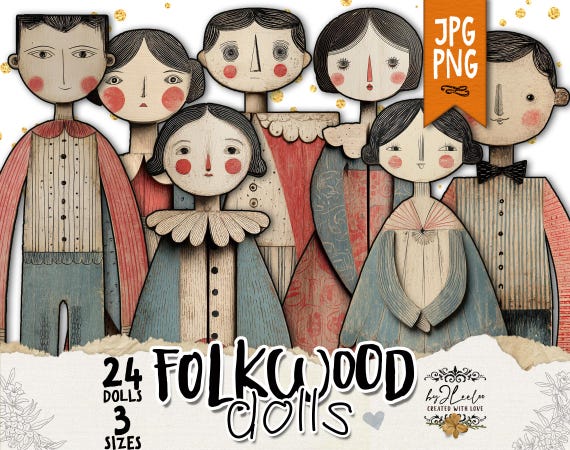 FOLKWOOD DOLLS - PNG Printable Paper Dolls Junk Journal Ephemera | Digital Scrapbooking Vintage Clipart Fussy Cut for Cricut | pp957