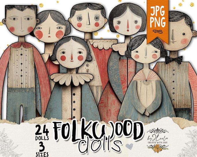 FOLKWOOD DOLLS - PNG Printable Paper Dolls Junk Journal Ephemera | Digital Scrapbooking Vintage Clipart Fussy Cut for Cricut | pp957
