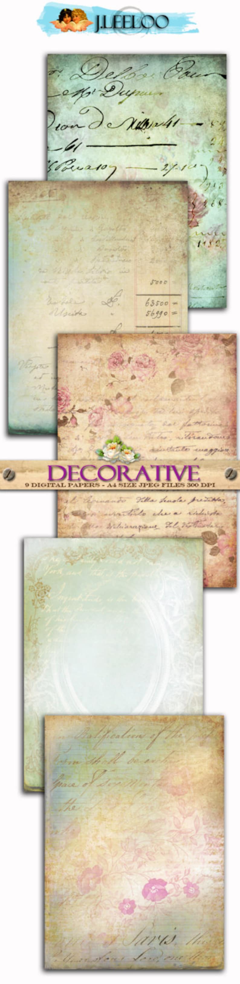 May include: Nine digital papers with a vintage aesthetic. The papers feature a variety of designs, including floral patterns, handwritten text, and aged textures. The papers are perfect for scrapbooking, card making, and other craft projects.