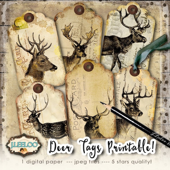 DEER TAGS printable vintage antique paper Christmas gift scrapbook ephemera grunge aged digital download instant download tl200
