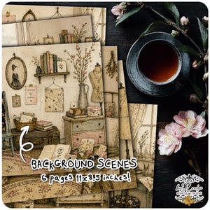 Puede incluir: Un conjunto de seis p&aacute;ginas de escenas de fondo de estilo vintage, cada una de 27,9 x 21,6 cm, con una est&eacute;tica floral y antigua. Las p&aacute;ginas presentan ilustraciones de habitaciones con muebles, libros y elementos decorativos. Tambi&eacute;n hay una taza de t&eacute; y flores.