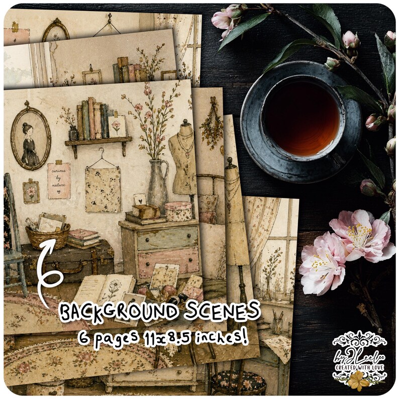 Puede incluir: Un conjunto de seis p&aacute;ginas de escenas de fondo de estilo vintage, cada una de 27,9 x 21,6 cm, con una est&eacute;tica floral y antigua. Las p&aacute;ginas presentan ilustraciones de habitaciones con muebles, libros y elementos decorativos. Tambi&eacute;n hay una taza de t&eacute; y flores.