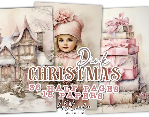 PINK CHRISTMAS half pages printable for junk journal Mixed Media | Holidays supplies card making collage | vintage stationery | pp652