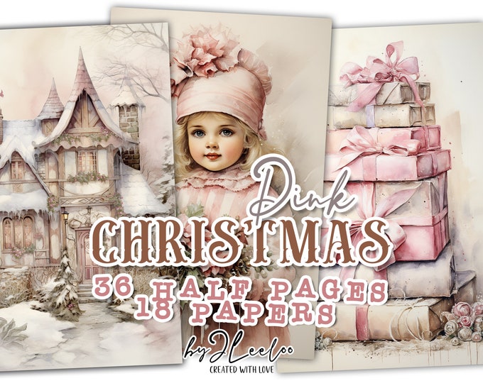 PINK CHRISTMAS half pages printable for junk journal Mixed Media | Holidays supplies card making collage | vintage stationery | pp652