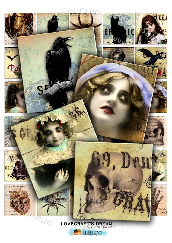 Digital collage sheet LOVECRAFT s DREAM 1.5 inch square ghost skull raven scary pendants magnet stickers pendant instant printable tn169