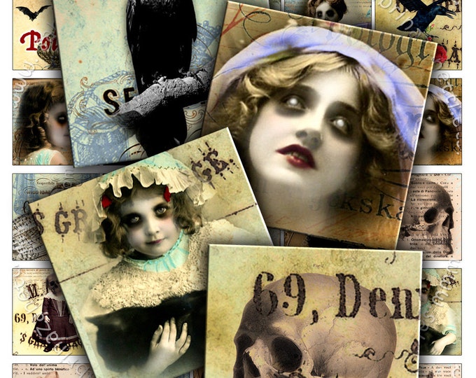 Digital collage sheet LOVECRAFT s DREAM 1.5 inch square ghost skull raven scary pendants magnet stickers pendant instant printable tn169