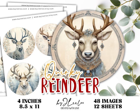 QUIRKY REINDEER 4 inch circle | round supplies for coaster decoration mirror magnet and craft instant download diy | Circle Labels | tn824