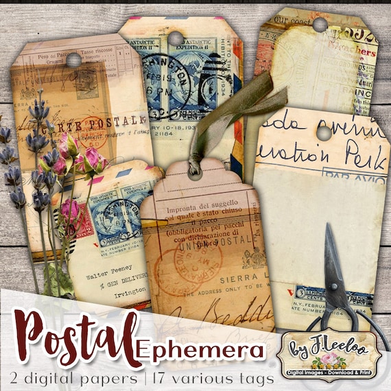 Etichette POSTALI EPHEMERA etichetta Vintage Grunge Journal - Cartolina stampabile documento antico Collage Sheet download immediato tl232