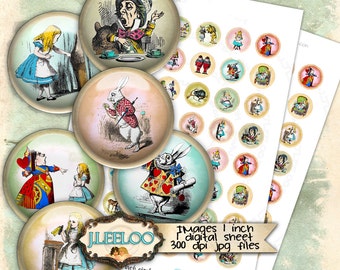 Digital printable ALICE 1 inch circle sheets digital images recolored paper goods chic vintage pendant craft instant download tn413