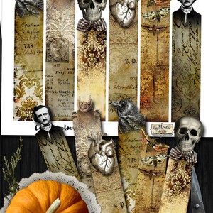 May include: Set of printable gothic bookmarks featuring images of a skull, heart, crow, bat, moth, and Edgar Allan Poe. The bookmarks are in a vintage style with a distressed, aged paper background.